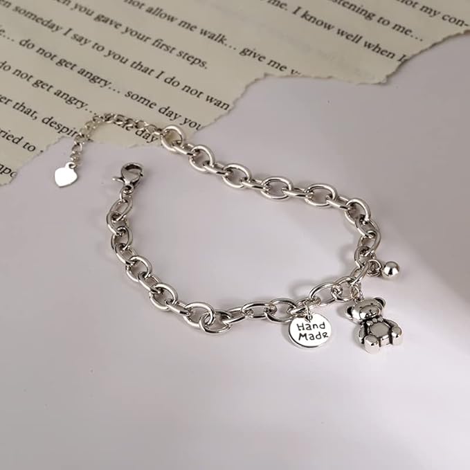 Rockyu ブレスレット レディース 小熊チャーム付き チェーンブレス 錆びにくい チタン風