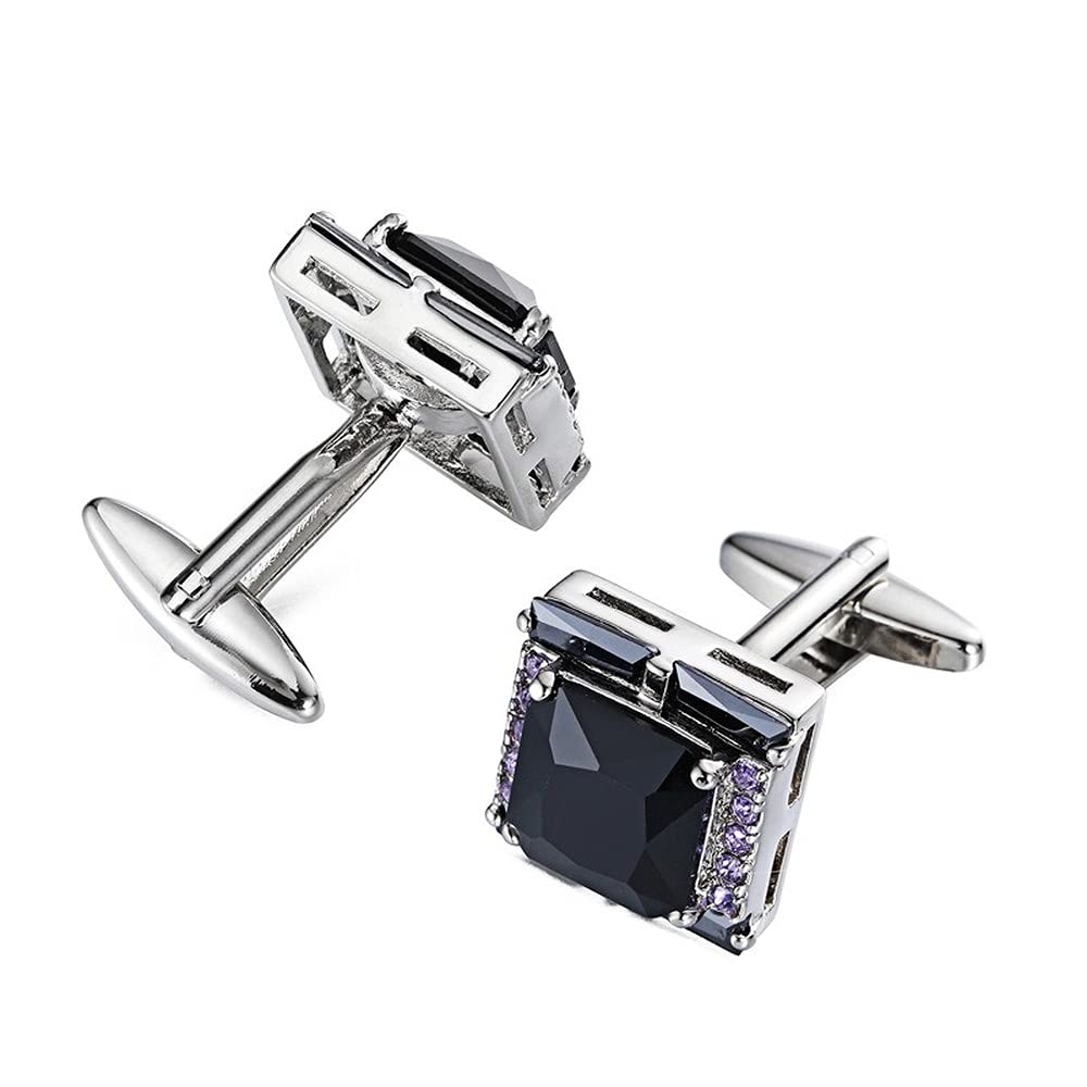 Rockyu メンズカフス ブラックオニキス風ストーンと紫ジルコニアの正方形カフリンクス