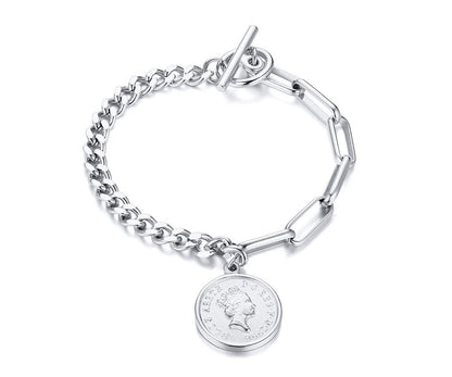 Rockyu ブレスレット レディース ピンクゴールド 18k 女王 エリザベス コインブレスレット おしゃれ ペンダント 十字架風チェーン 誕生日 パーティー プレゼント アクセサリー (ピンクゴールド)