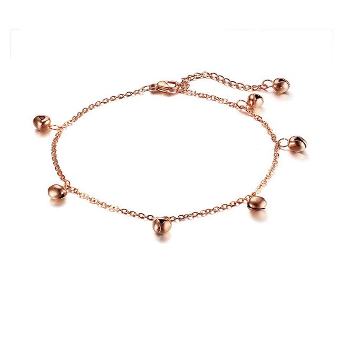 Rockyu アンクレット レディース チタン製 ピンクゴールド 鈴付きチェーン 金属アレルギー対応