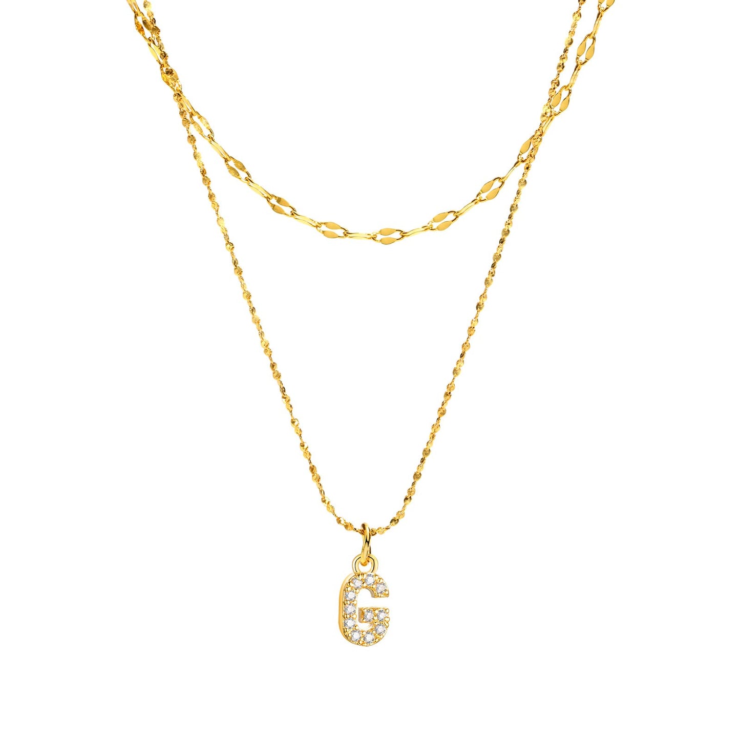 Rockyu イニシャルネックレス レディース ゴールド A〜Z 26文字 ジルコニア 二連チェーン ステンレス製 金属アレルギー対応