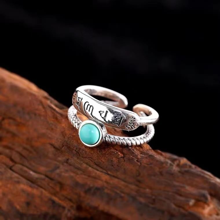 Rockyu シルバー925 緑松石 六字真言 お守りリング ヴィンテージ 開口デザイン アジャスタブルサイズ