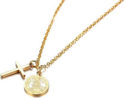 Rockyu ネックレス レディース ゴールド 十字架クロス＆コインペンダント ダブルチャーム