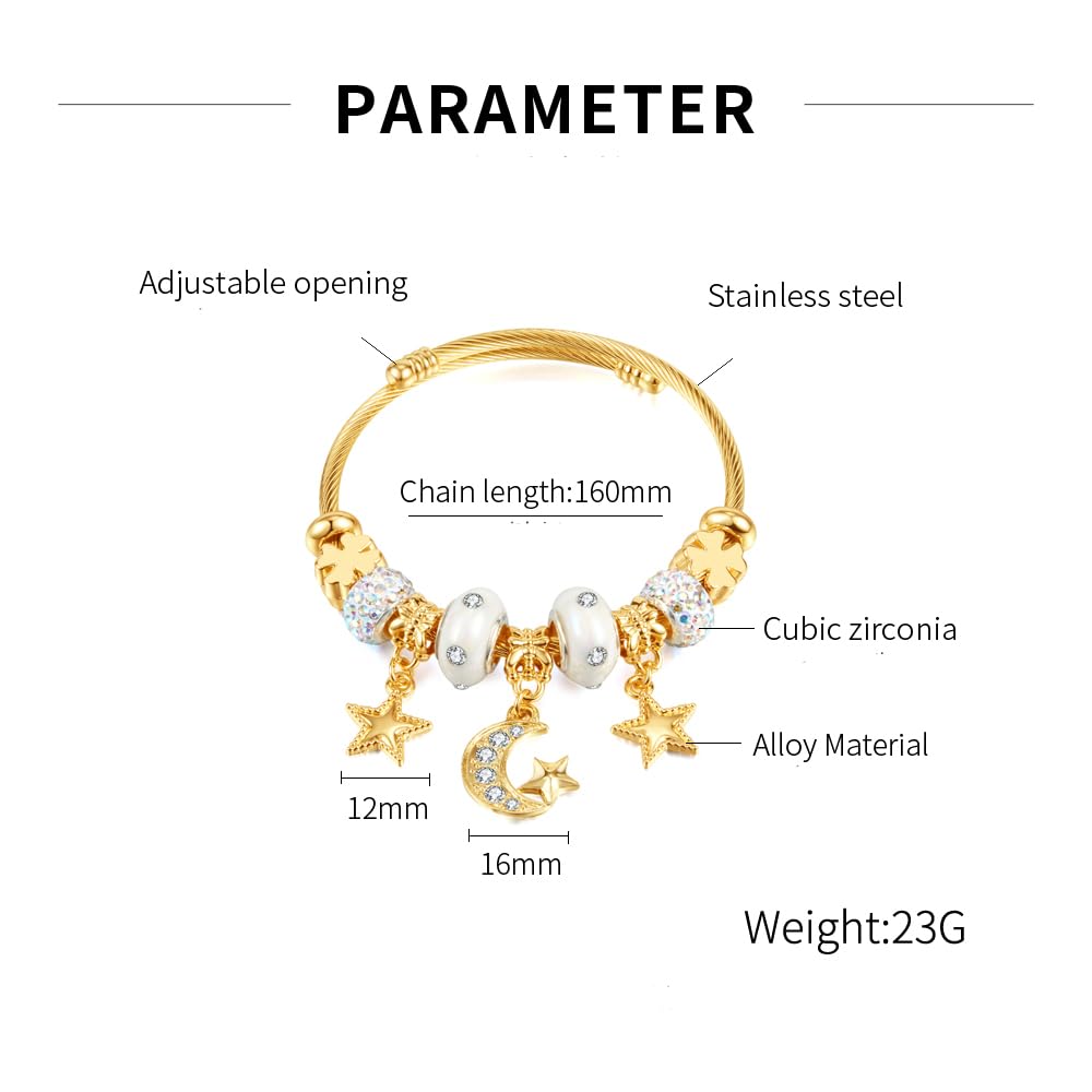 Rockyu ブレスレット レディース ゴールド スター＆ムーンチャーム ツイストバングル 金属アレルギー対応