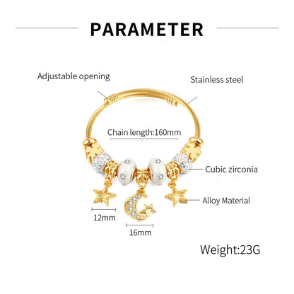 Rockyu ブレスレット レディース ゴールド スター＆ムーンチャーム ツイストバングル 金属アレルギー対応