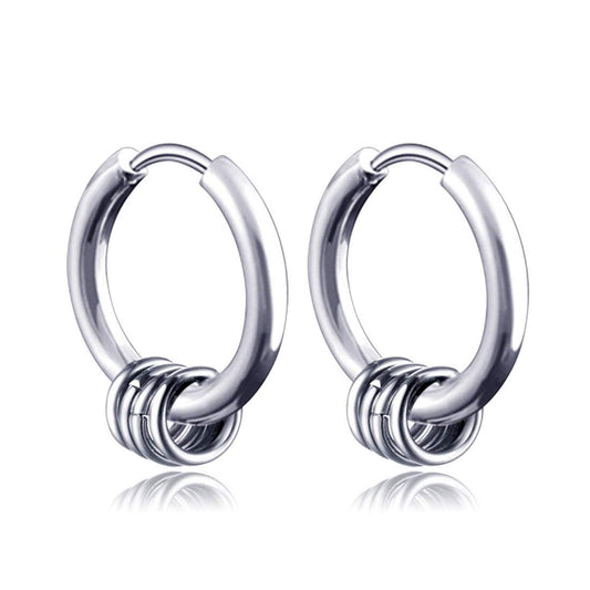 Rockyu フープピアス メンズ – 4連サークルデザイン シルバー＆ブラック 両耳セット