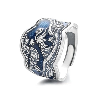 Rockyu 指輪 レディース 太め シルバー925 鳳凰＆花モチーフ 青釉薬 ウェーブリング フリーサイズ 金運アップ