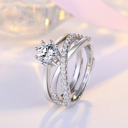 Rockyu 2連クロスリング ジルコニア装飾 フリーサイズ レディース指輪 幅広デザイン