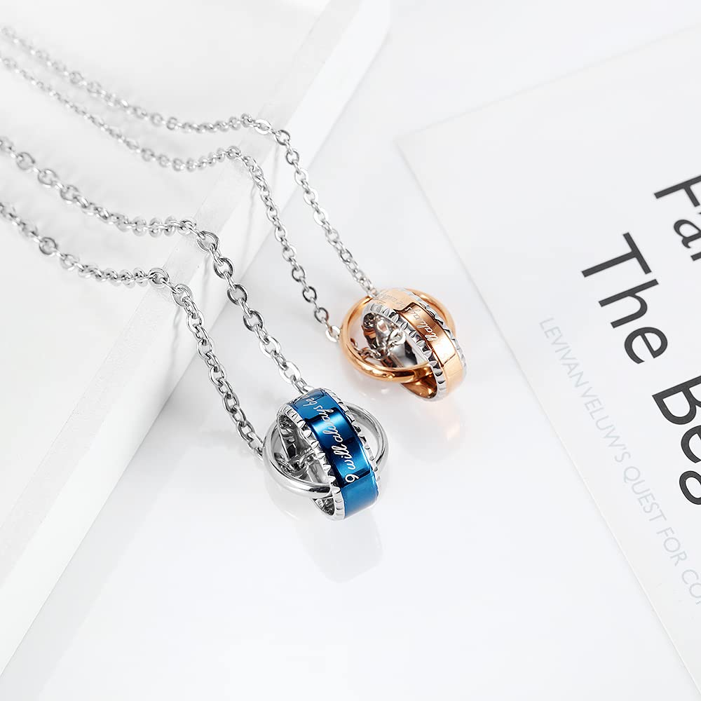 Rockyu ネックレス ペア ブルーシルバー＆ローズゴールド ダブルリングペンダント ステンレス製 記念日や誕生日ギフトに