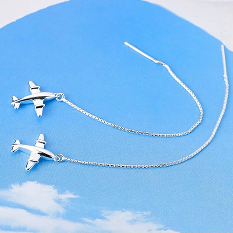Rockyu ピアス レディース シルバー925 飛行機モチーフ ロングチェーン 両耳用 個性派 シンプル 旅行 ギフト