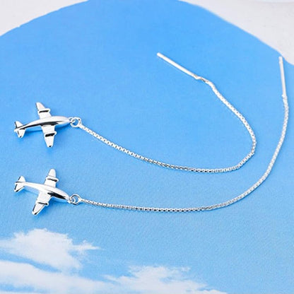 Rockyu ピアス レディース シルバー925 飛行機モチーフ ロングチェーン 両耳用 個性派 シンプル 旅行 ギフト