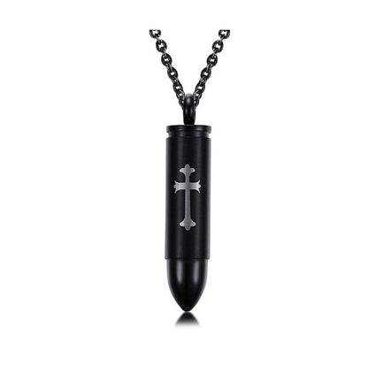 Rockyu 薬ケースネックレス メンズ ステンレス製 弾丸モチーフ 十字架刻印付き