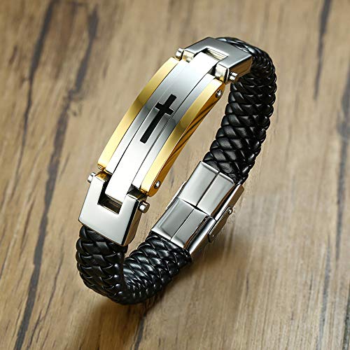 Rockyu ブレスレット メンズ レザー ブラック 十字架 ステンレス 革製バングル シンプル 腕輪