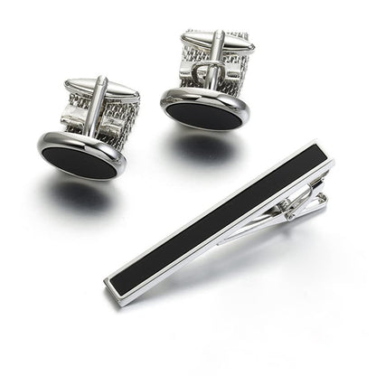 Rockyu ネクタイピン カフスセット メンズ 黒 楕円 ステンレス ビジネス