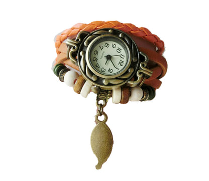 Rockyu リーフチャーム付き レザーブレスレットウォッチ【全7色・手作り】