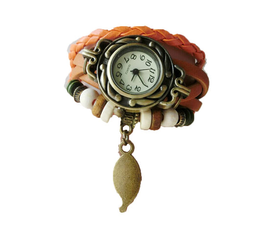 Rockyu リーフチャーム付き レザーブレスレットウォッチ【全7色・手作り】