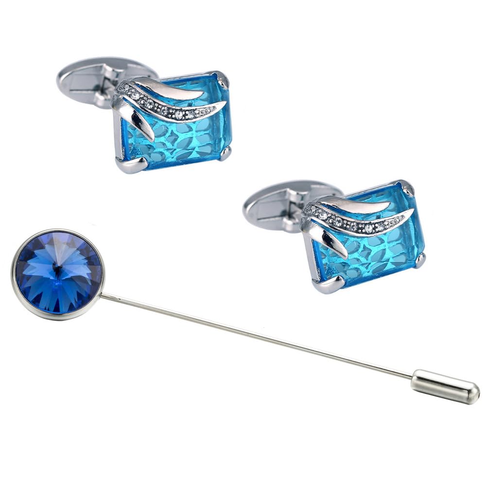 Rockyu カフスボタン メンズ シルバー ブルークリスタル 袖口 ピンブローチ