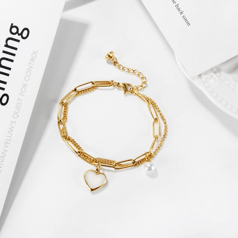 Rockyu ブレスレット レディース 二連チェーン ハート&パールモチーフ チタン製