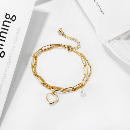 Rockyu ブレスレット レディース 二連チェーン ハート&パールモチーフ チタン製