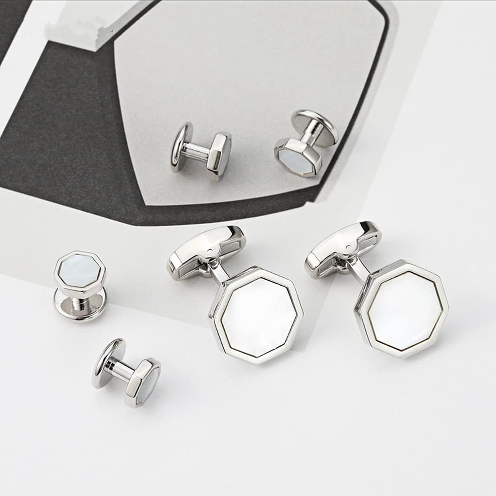 Rockyu カフスボタン メンズ 八角形 シルバー 白蝶貝 ステンレス カフスセット