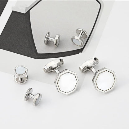 Rockyu カフスボタン メンズ 八角形 シルバー 白蝶貝 ステンレス カフスセット