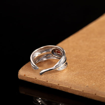 Rockyu 南紅瑪瑙 シルバー925 羽根モチーフリング アンティーク調 開口調整可能