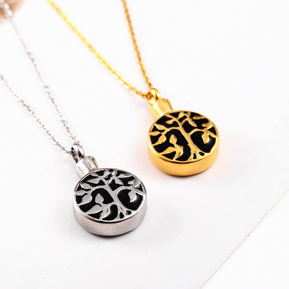 Rockyu メモリアルネックレス レディース 生命の樹デザイン 遺骨入れペンダント チタン製 ゴールド仕上げ