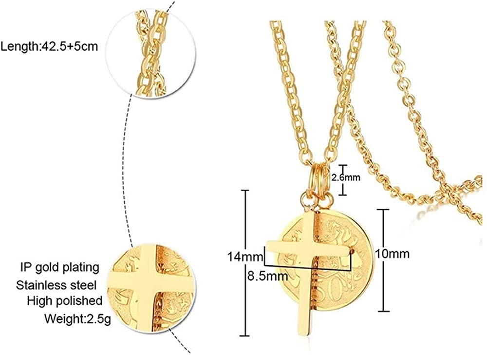 Rockyu ネックレス レディース ゴールド 十字架クロス＆コインペンダント ダブルチャーム