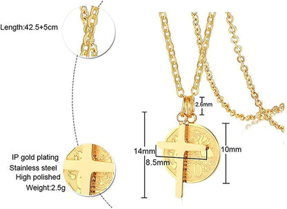 Rockyu ネックレス レディース ゴールド 十字架クロス＆コインペンダント ダブルチャーム