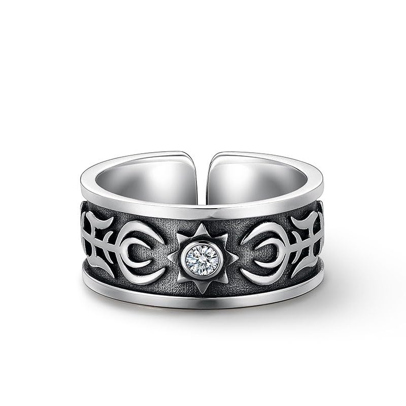 Rockyu シルバー 太陽トーテムリング 幅広 ジルコニア 男女兼用 フリーサイズ