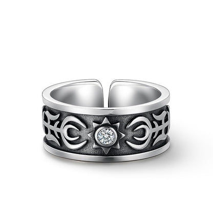 Rockyu シルバー 太陽トーテムリング 幅広 ジルコニア 男女兼用 フリーサイズ