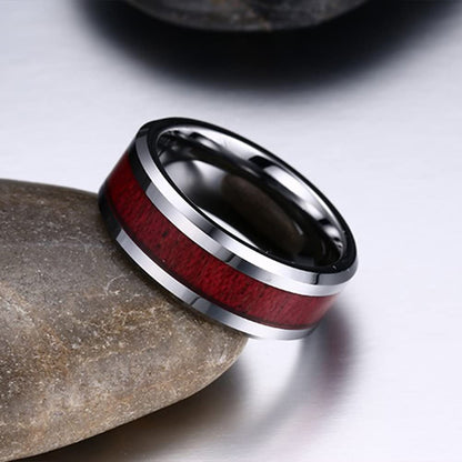 Rockyu タングステンウッドインレイリング メンズ｜8mm幅 シルバー×木目 マット仕上げ