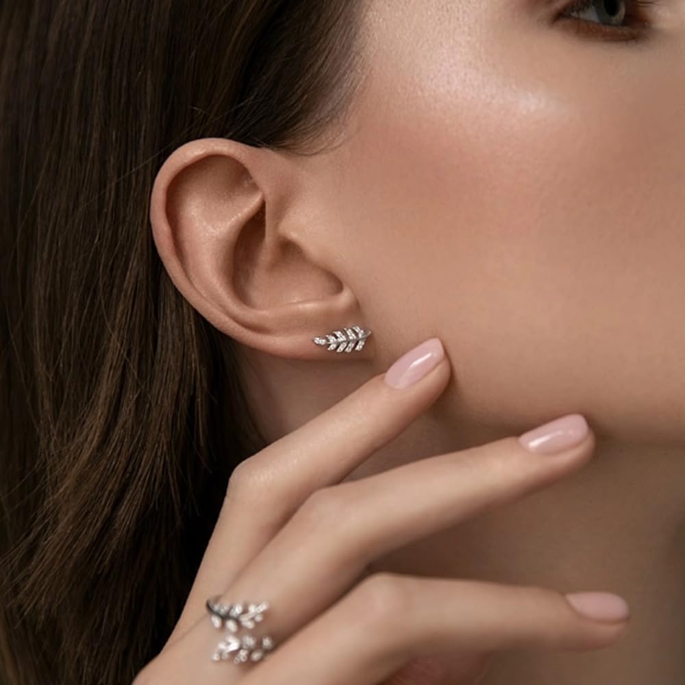 Rockyu レディースリーフピアス シルバー925 ジルコン 輝き上品 スタッドタイプ ギフトにもぴったり