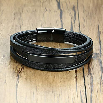 Rockyu レザーブレスレット メンズ 多重巻き ステンレスプレート付き 3色展開