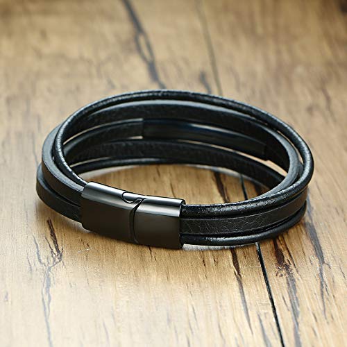 Rockyu レザーブレスレット メンズ 多重巻き ステンレスプレート付き 3色展開