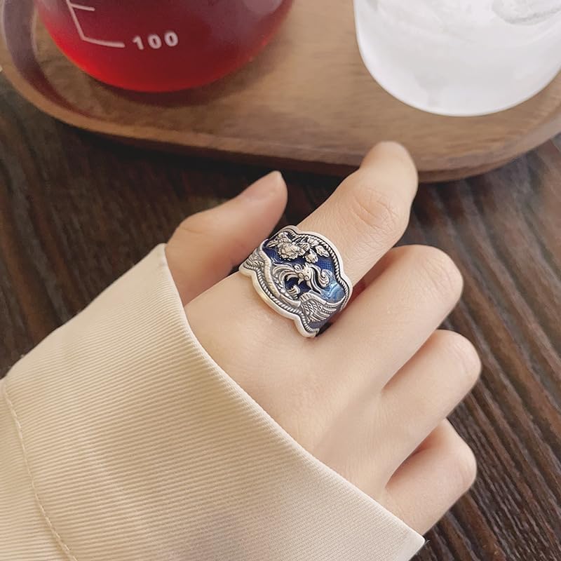 Rockyu 指輪 レディース 太め シルバー925 鳳凰＆花モチーフ 青釉薬 ウェーブリング フリーサイズ 金運アップ