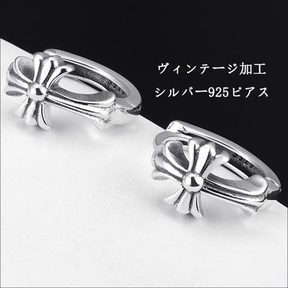 Rockyu ピアス メンズ シルバー925 クロス フープピアス 小ぶり リング 両耳用 男女兼用 アレルギー対応