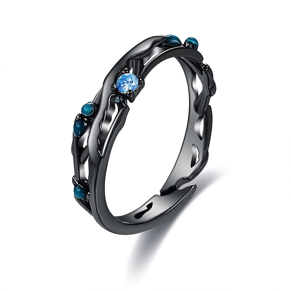 Rockyu ペアリング S925シルバー ブラック＆ブルージルコニア カップル向けフリーサイズ指輪