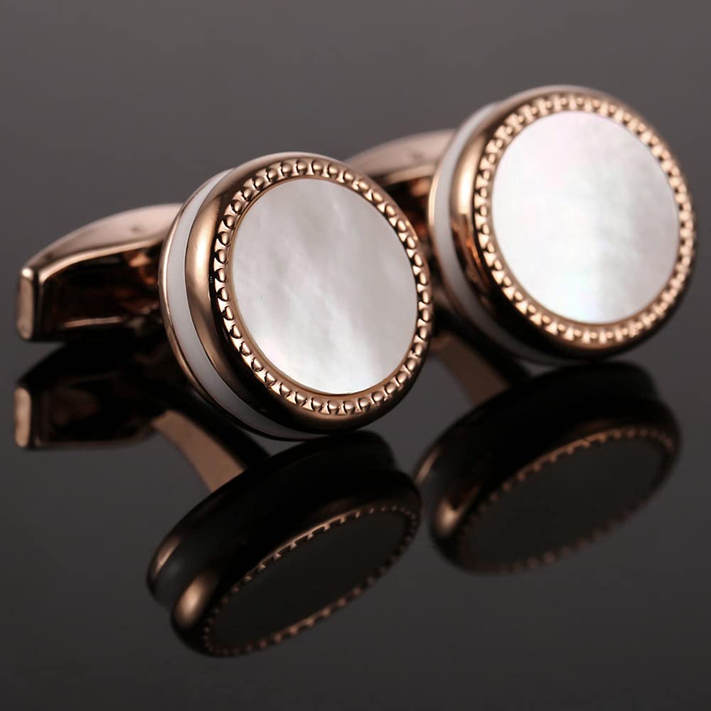 Rockyu メンズ 白蝶貝カフス ピンクゴールド ラウンドデザイン ステンレス製