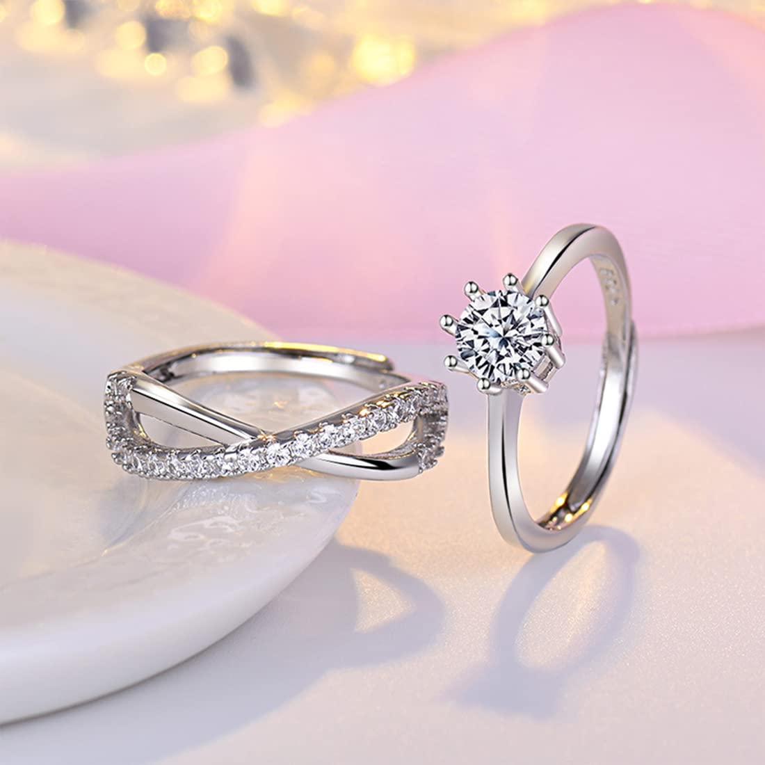 Rockyu 2連クロスリング ジルコニア装飾 フリーサイズ レディース指輪 幅広デザイン