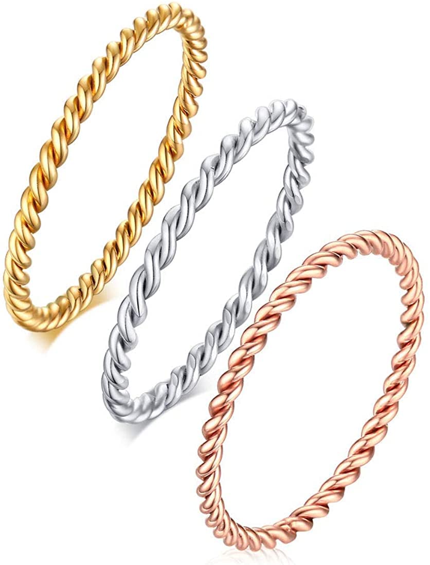 Rockyu ツイストステンレスピンキーリング 3色セット 金属アレルギー対応 関節リング