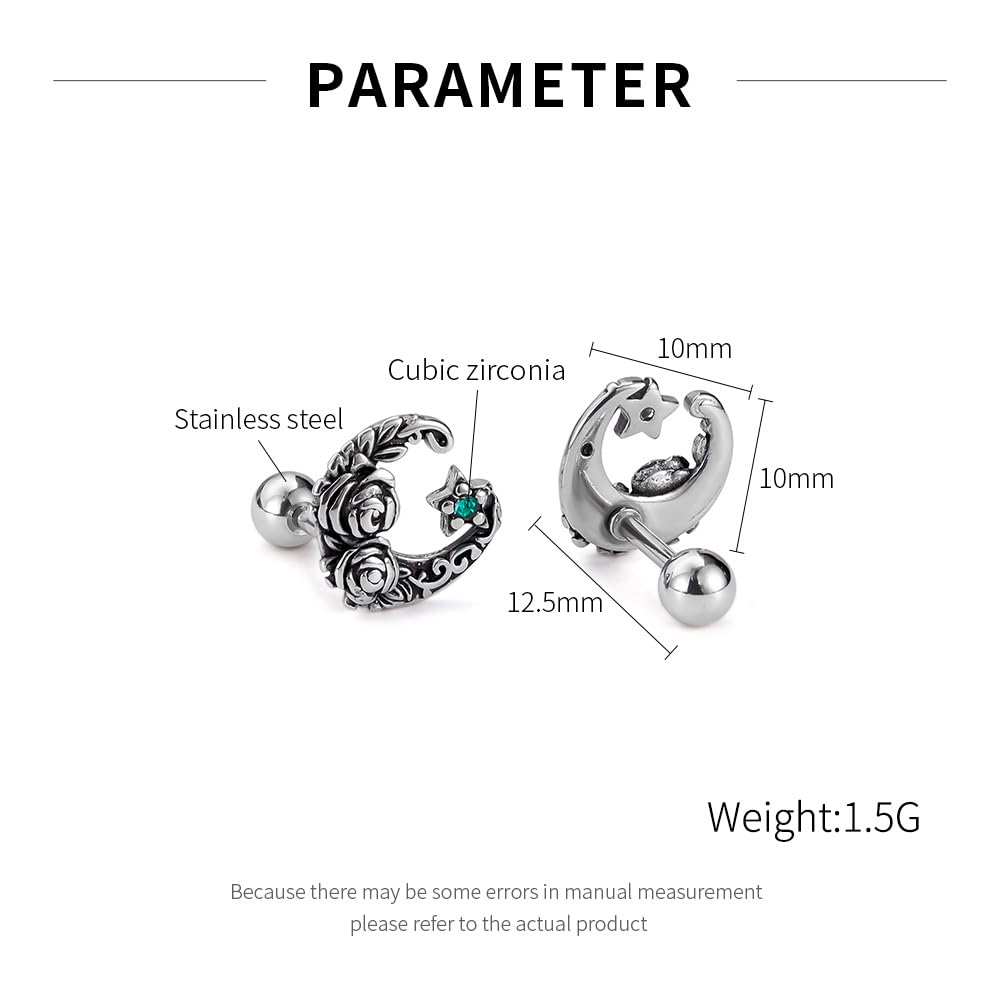 Rockyu ピアス メンズ ステンレス 片耳 三日月モチーフ 花彫刻 キュービックジルコニア アレルギー対応