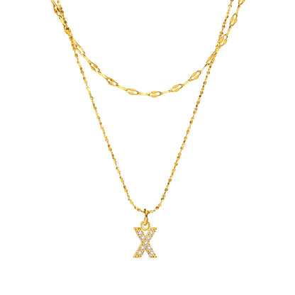 Rockyu イニシャルネックレス レディース ゴールド A〜Z 26文字 ジルコニア 二連チェーン ステンレス製 金属アレルギー対応