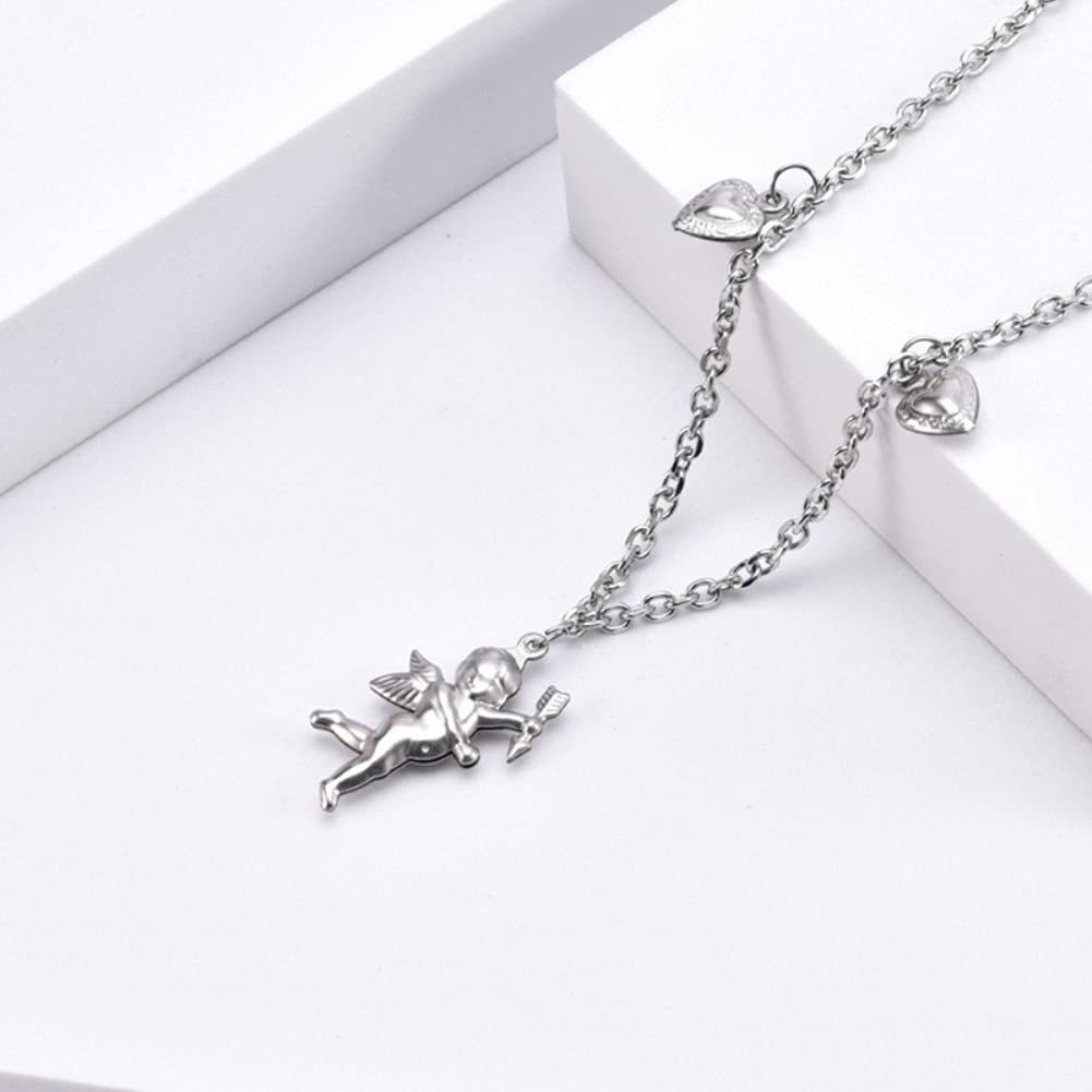 Rockyu ネックレス レディース シルバー キューピッド×ハートチャーム｜天使モチーフの可愛いチタンペンダント