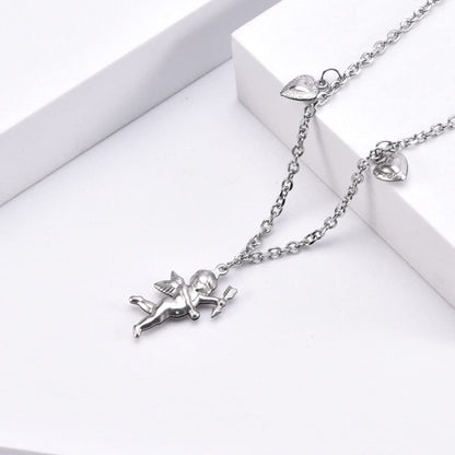 Rockyu ネックレス レディース シルバー キューピッド×ハートチャーム｜天使モチーフの可愛いチタンペンダント