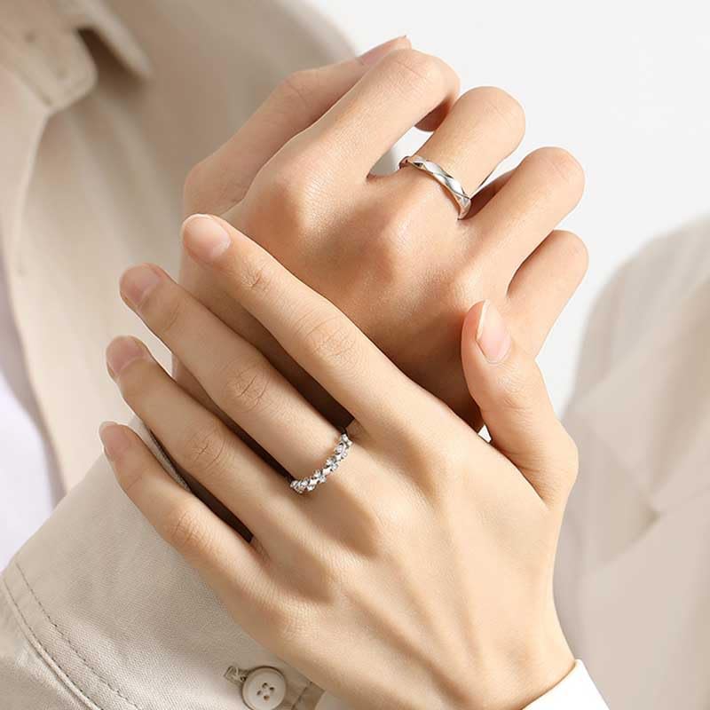 Rockyu ペアリング 2個セット シルバー925 王冠デザイン＆ウェーブデザイン フリーサイズ 調整可能