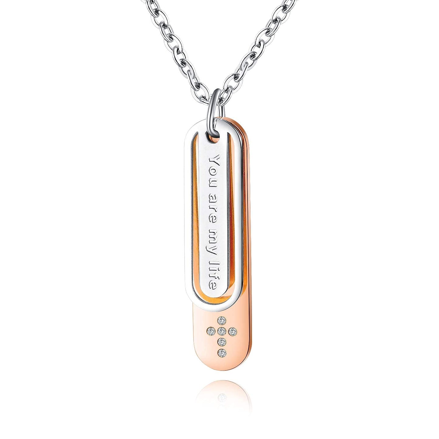 Rockyu ペアネックレス ステンレス＆ローズゴールド “You are my life” ジルコニア刻印入り チェーン付き