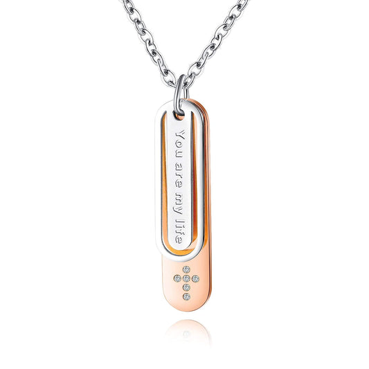 Rockyu ペアネックレス ステンレス＆ローズゴールド “You are my life” ジルコニア刻印入り チェーン付き