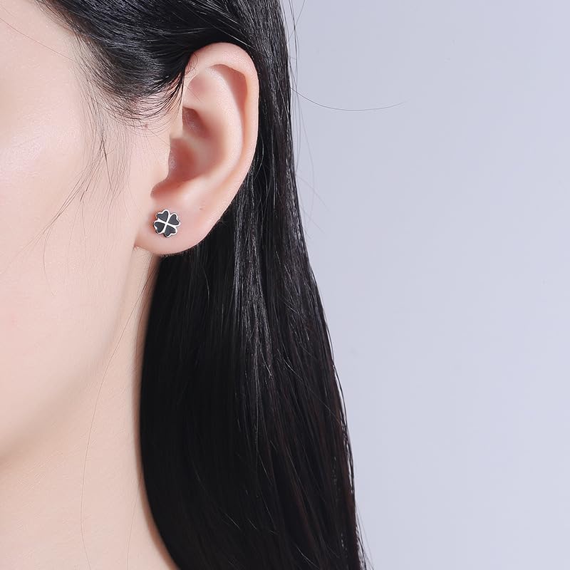 Rockyu ピアス レディース シルバー925 四つ葉のクローバー 黒エナメル 小さめ 両耳用 シルバー/ゴールド/ローズゴールド