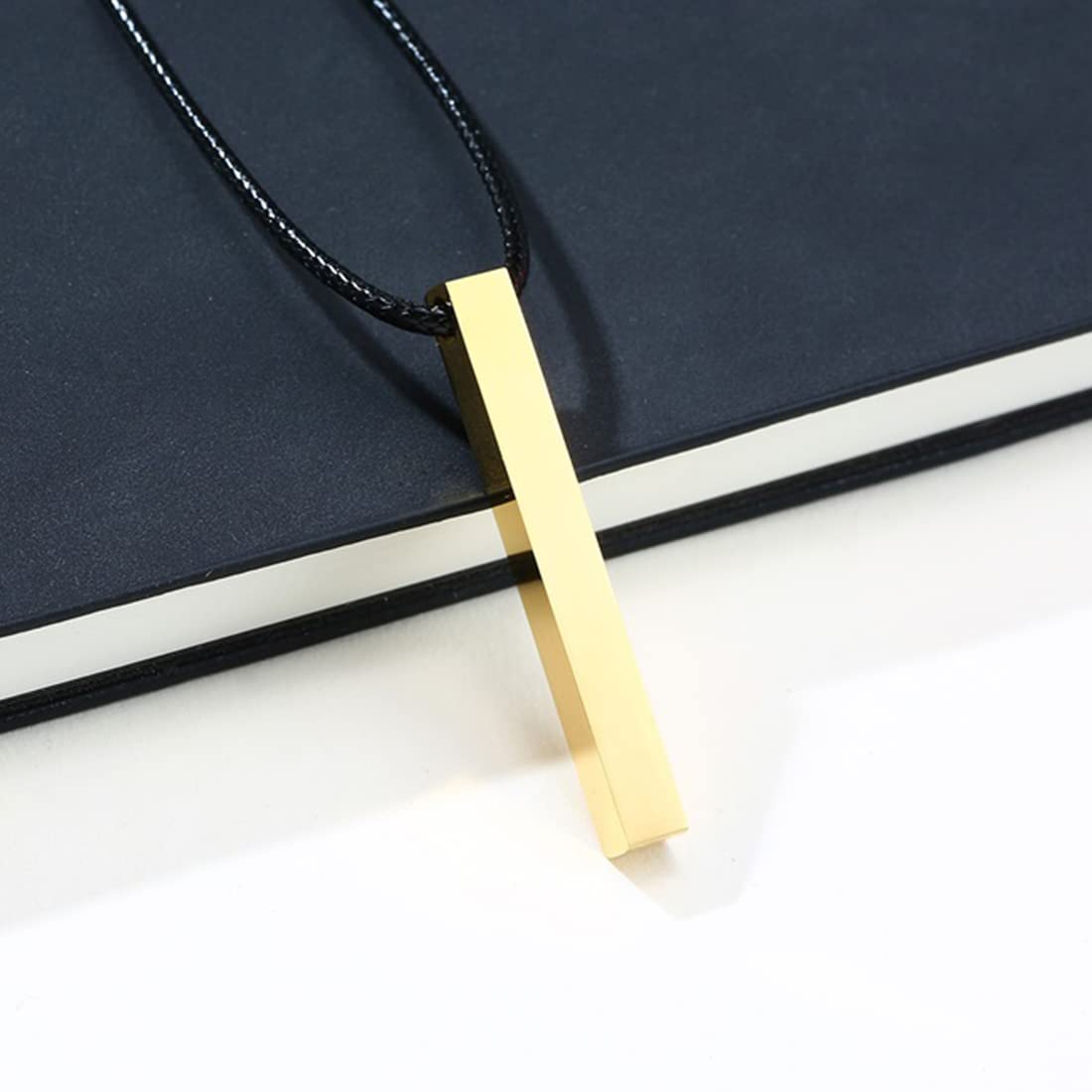 Rockyu スティックネックレス メンズ レディース サージカルステンレス 光面レザーチェーン 長方形ペンダント シルバー・ブラック・ピンクゴールド・ゴールド